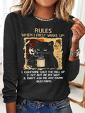 RomiLdi Women Black Cat Rules Cotton-Blend Simple Long Sleeve Tops