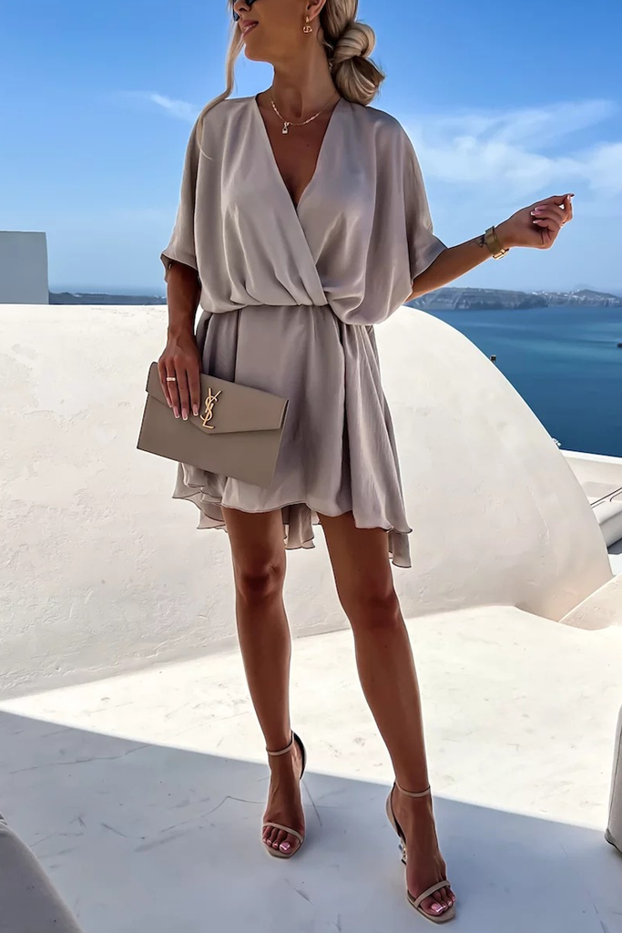 rRomildi Women's Beach Dress Solid V-Neck Loose Mini Holiday Vacation Dress