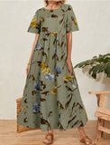 rRomildi Women's Linen Dresses Vintage Retro Floral Print Crew Neck Short Sleeve Mini Dress