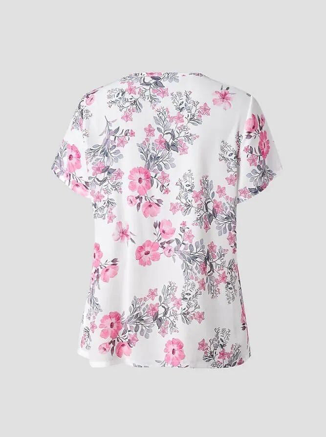 rRomildi Women's Shirt Blouse Floral Print Short Sleeve Casual Holiday Basic Top