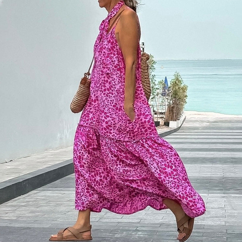 rRomildi Women's Holiday Beach Dress Sleeveless Backless Pink Leopard Midi Dress