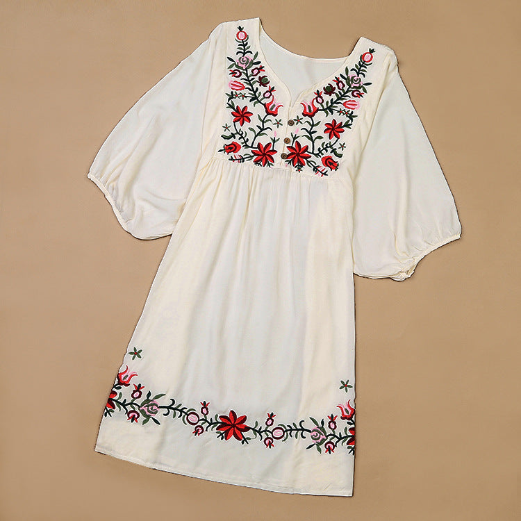 rRomildi Women's Tribal Embroidery Dress Floral V-Neck Retro Summer Dress