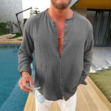 rRomildi Men's Cotton Linen Shirts Loose O-Neck Long Sleeve Linen Blouse