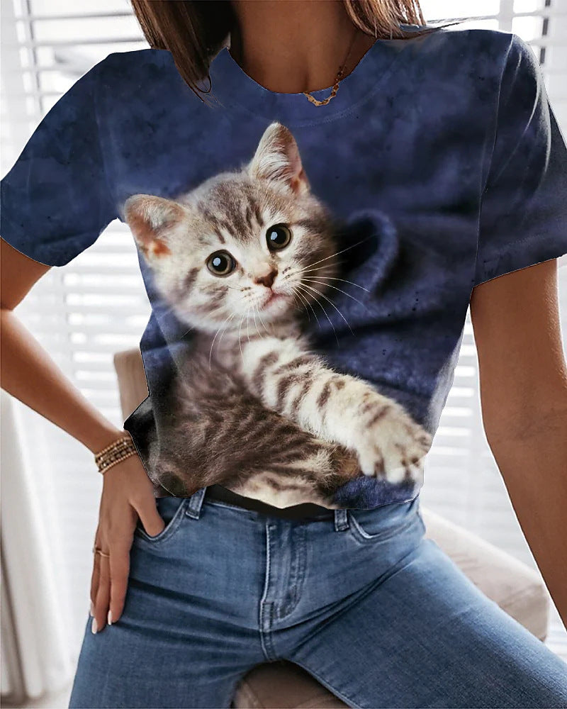 RomiLdi Women's Cute Cat Full Printed T-Shirts Crew Neck Short Sleeve Top Lover Cat Moms Tee