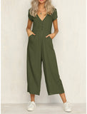 rRomildi Women's Jumpsuit Button Solid Color V Neck Basic Daily Vacation Overall