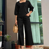 rRomildi Women's 2Piece Set Casual Solid Color U-Neck Blouse and Wide Leg Pants