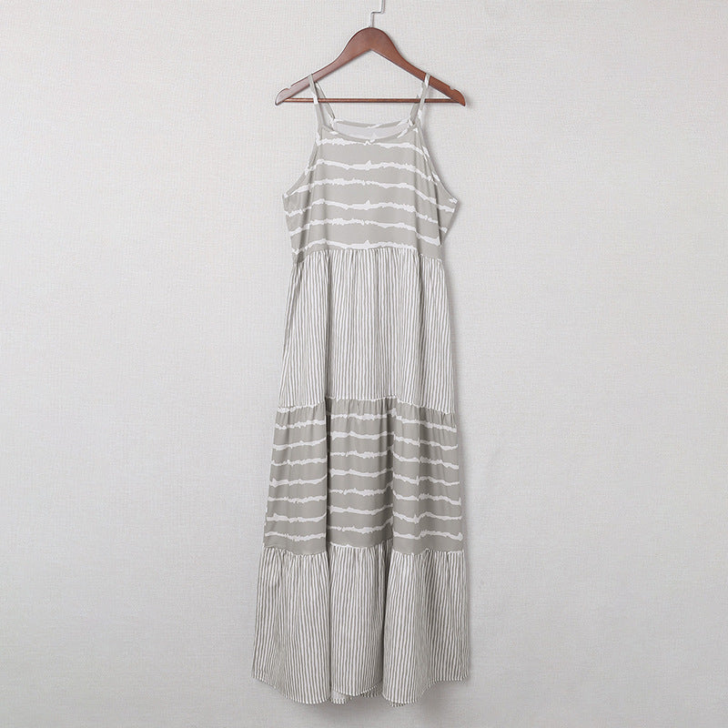 rRomildi Grey Stripe Print Slip Maxi Holiday Beach Dress