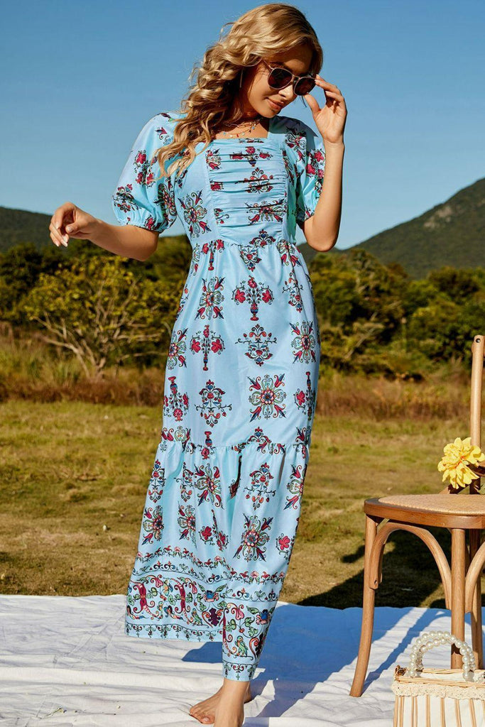 rRomildi Women's Boho Dress Floral Ruched Puff Sleeve Tiered Maxi Dress
