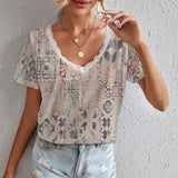 rRomildi Women's Ethnic Vintage Retro Print T-Shirt Lace V-Neck Casual Tee