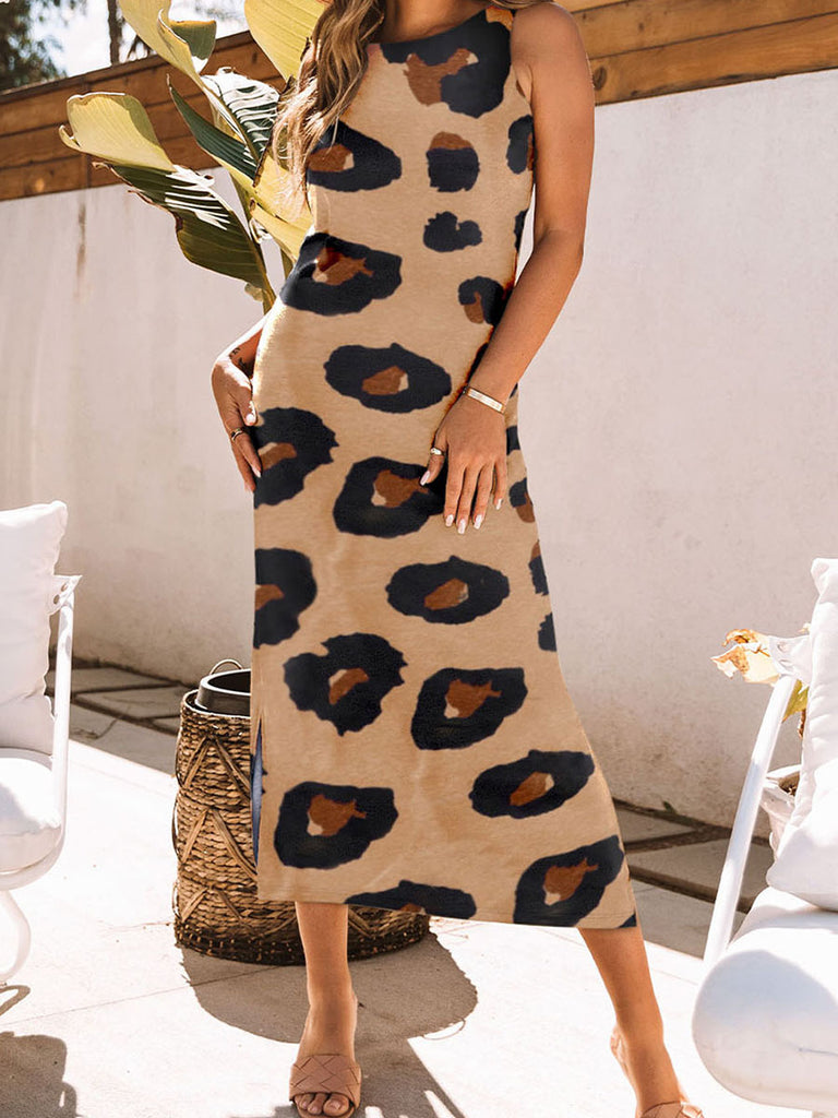 rRomildi Women's Holiday Dress Leopard Print Sleeveless Backless Long Maxi Vacation Dresses