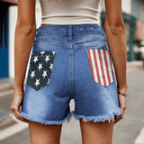 rRomildi Women's Denim Shorts American Flag Pocket Ripped Tassel Short Jean