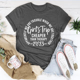 RomiLdi Women's Casual Printed Letter Girl's Trip Cheaper than Therapy 2023 Short Sleeve Shirts & Tops