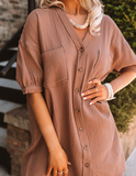 rRomildi Brown Bubble Sleeve Shirt Dress for Holiday Vacation