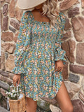 rRomildi Women's Bohemian Dresses Floral Smocked Flounce Sleeve Square Neck Dress