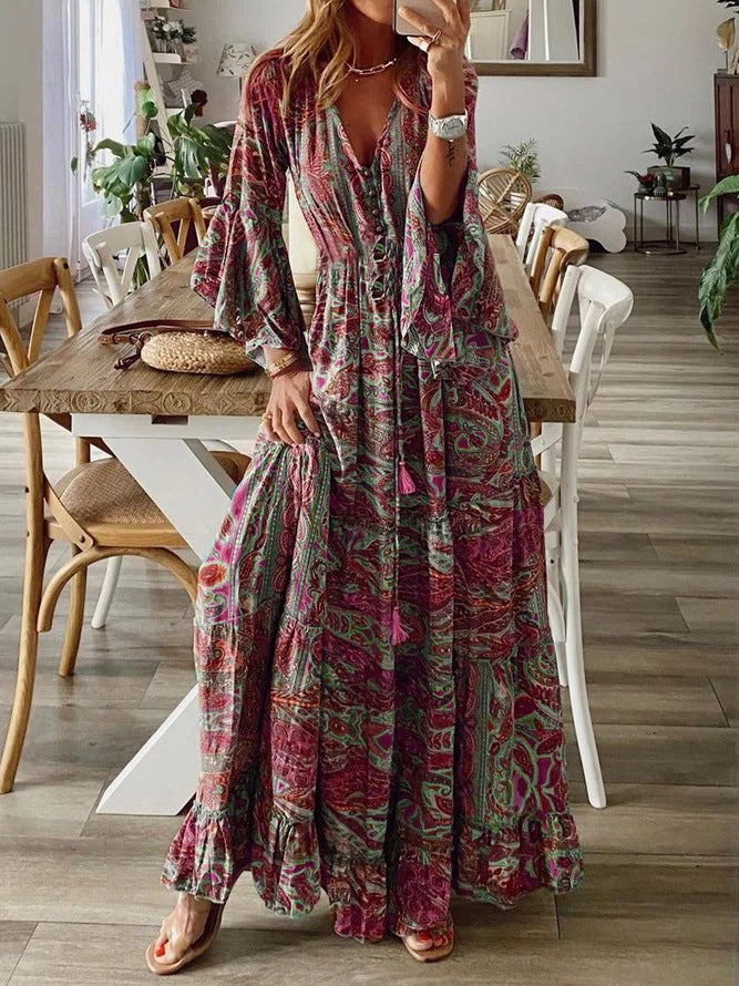 rRomildi Women's Bohemian Dress V-neck Floral Printed Puff Long Sleeve Boho Beach Dress