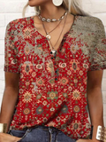 rRomildi Women's Summer Tops V-Neck Short Sleeve Floral Print Retro Vintage T-Shirt