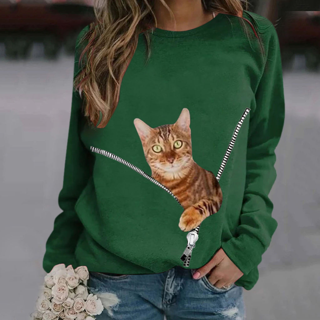 RomiLdi Women's Top Cute Cat Print Crew Neck Long Sleeve Casual T-Shirt
