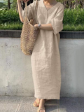 rRomildi Women's Casual Dresses V-Neck Loose Solid Cotton Linen Dress