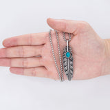 rRomildi Turquoise Feather Necklace Titanium Steel Vintage Silver Punk Gothic Hippie Long Leaf Pendant Necklace Jewelry