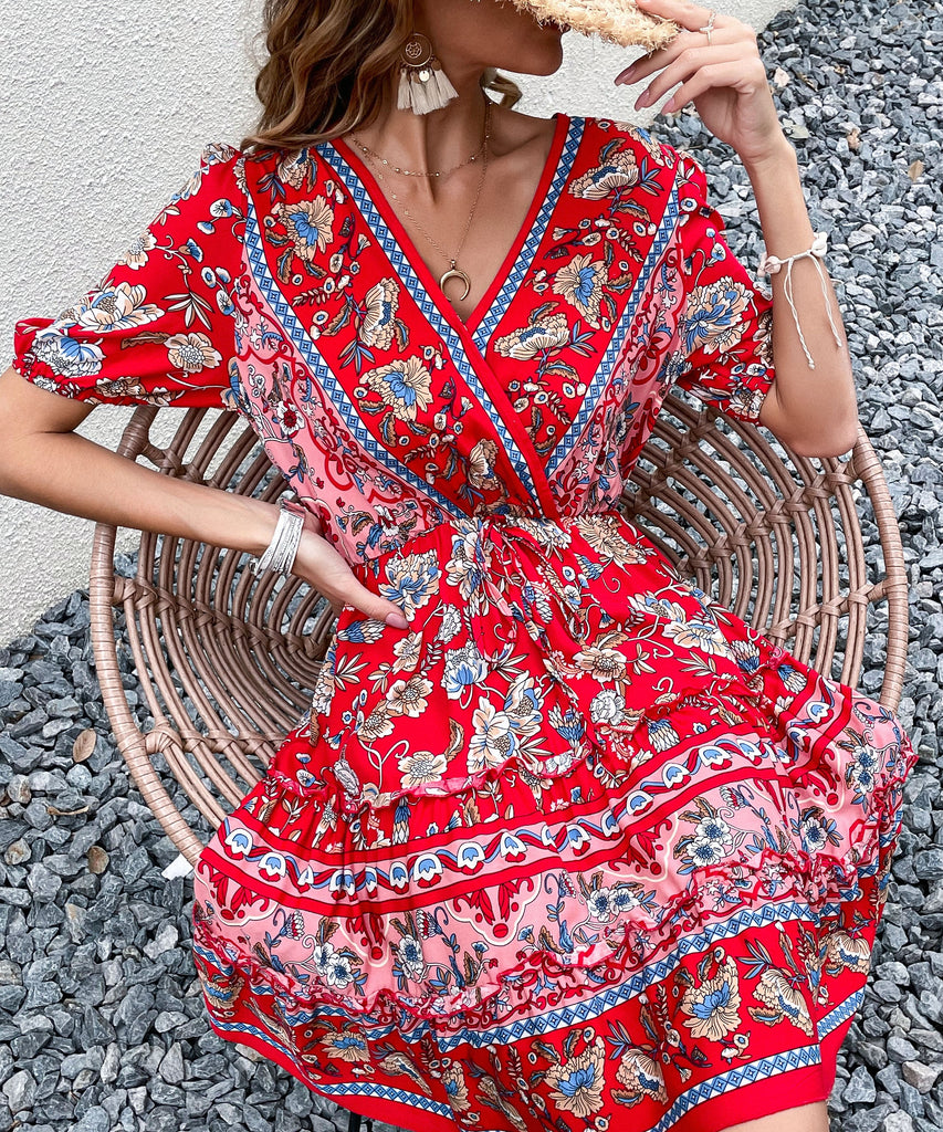 RomiLdi Women's Boho Dress Summer Floral Print Dress V-Neck Holiday Dress