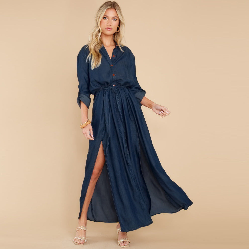 RomiLdi Women's Denim Dress Lapel Long Sleeve Slit Midi Dress