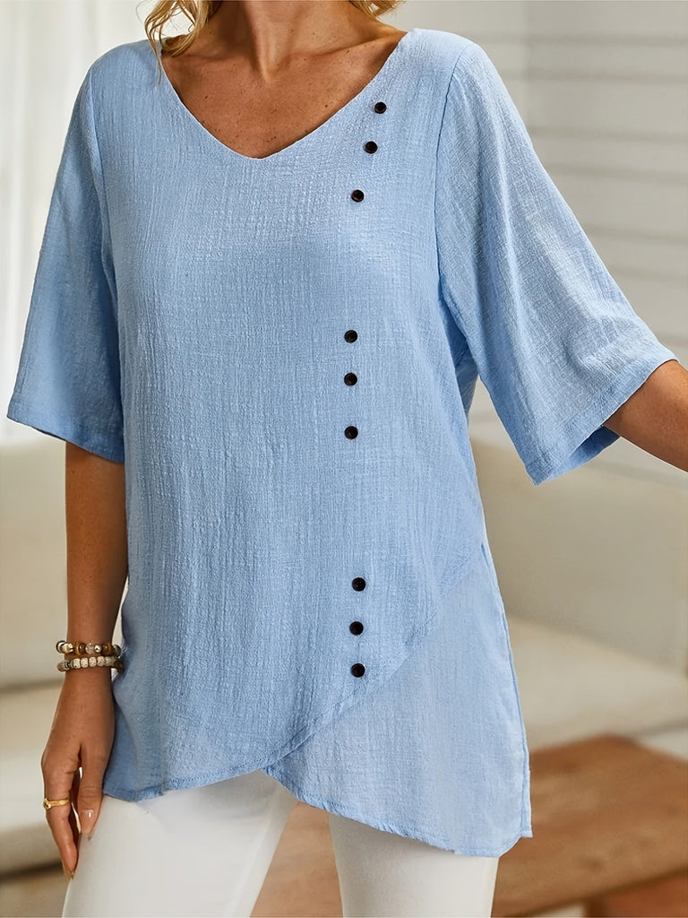 rRomildi Women's Plain Button Trim V-Neck Short Sleeve Asymmetrical Hem T-Shirt