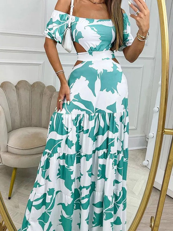RomiLdi Ins Style Floral Print High Waist Hollow Out Off Shoulder Maxi Dress Big Swing Dress