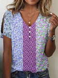 rRomildi Women's Floral Top Strip Flower Print V-Neck Short Sleeve T-Shirts
