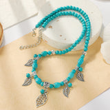 rRomildi Women Turquoise Long Beaded Necklace Vintage Ethnic Leaf Necklace Jewelry