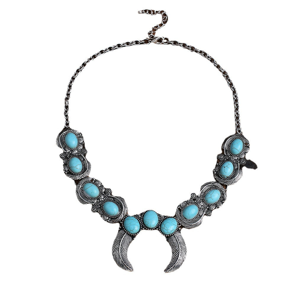 rRomildi Tribal Turquoise Necklace Horn Pendant Feather Alloy Plating Necklace