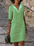 rRomildi Women's Cotton Linen Dresses V-Neck Short Sleeve Casual Cotton Linen Dress