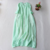 rRomildi Women's Cotton Linen Dress Pleated V-Neck Mid Sleeve Soft Linen Midi Dress