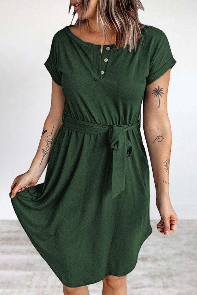 rRomildi Casual Daily Solid Buttons O Neck Short Sleeve Dress Dresses