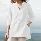 rRomildi Women's Solid Cotton Linen Blouse Light Weight Soft Linen Stand Collar Shirts with Pocket