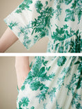 rRomildi Floral Printed Pleated Split-Joint Loose Short Sleeves Round-Neck Midi Dresses