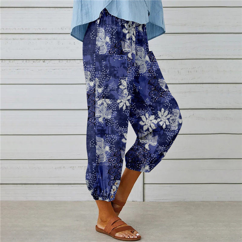 rRomildi Women's Vintage Retro Blue Floral Print Loose Cotton Linen Pant