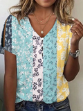 rRomildi Women's Floral Top Strip Flower Print V-Neck Short Sleeve T-Shirts