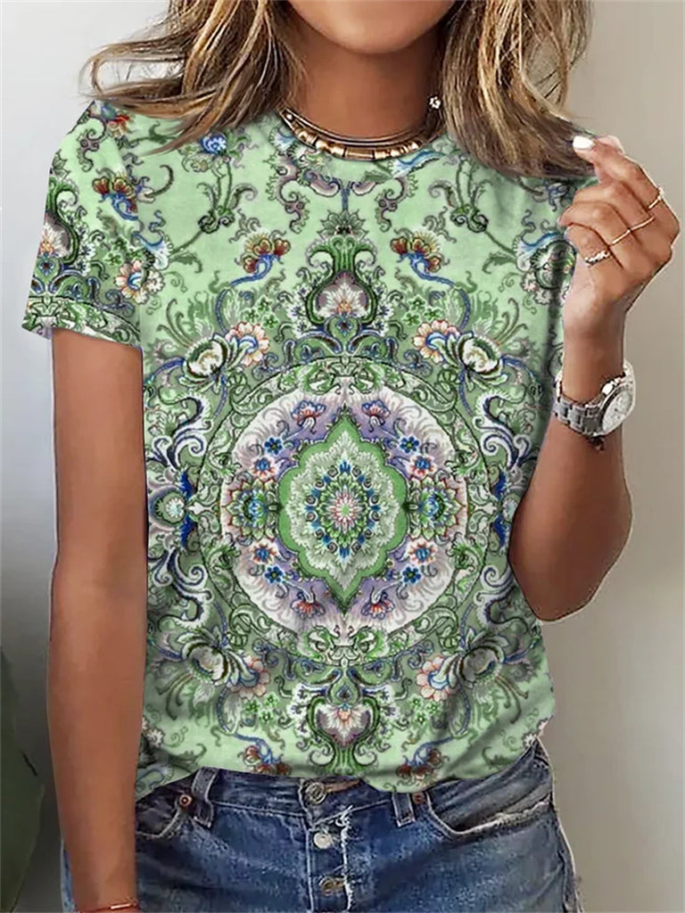 rRomildi Women's Floral Art Painting Printed Tops Crew Neck Retro Vintage T-Shirts