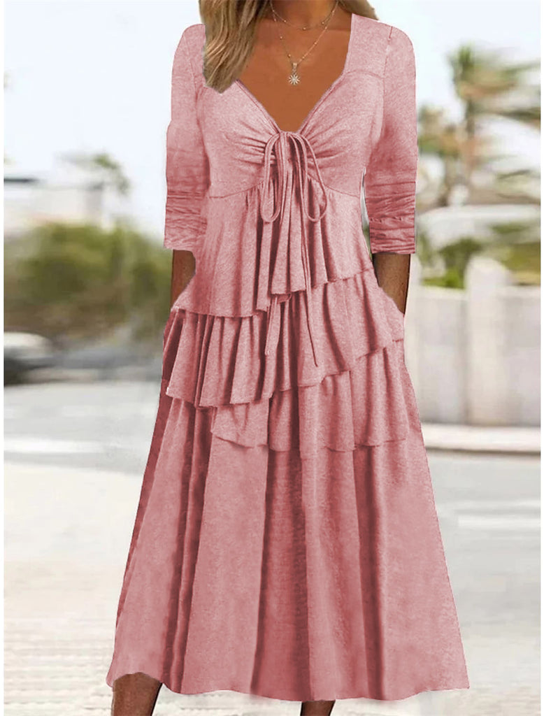 rRomildi Women's Summer Dress V-Neck Layer Casual Midi Dress