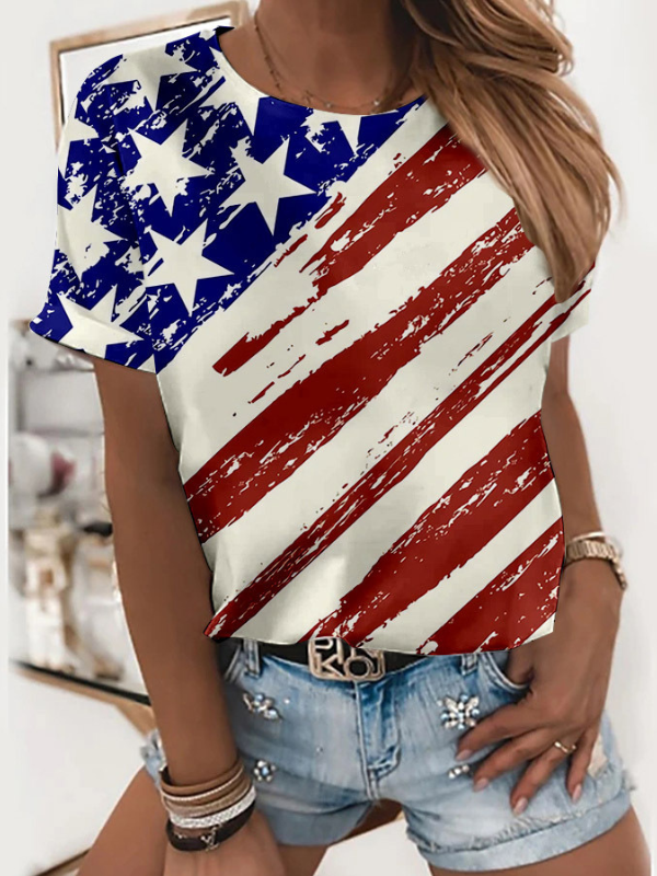rRomildi Women's Flag Top American Flag Print Short Sleeve Crew-Neck T-Shirt