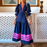 RomiLdi Women's Maxi Dress V-Neck Puff Sleeve Big Swing Floral Holiday Dress
