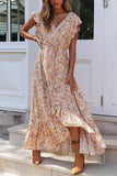 rRomildi Button Ruffles Floral Drawstring Maxi Dress