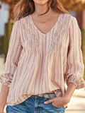 rRomildi Women's Cotton Linen Shirt V-Neck Pleated Linen Blouse