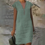 rRomildi Women's Cotton Linen Dress Lace V-Neck Solid Color A Line Midi Dress