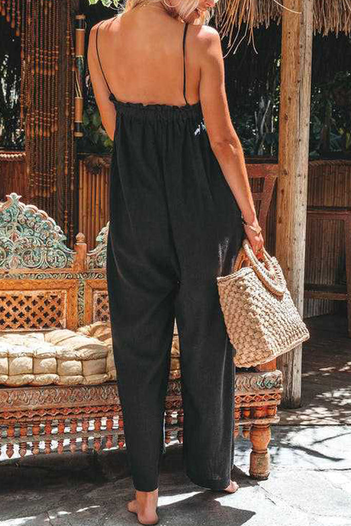 rRomildi Casual Solid Flounce Strapless Loose Jumpsuits
