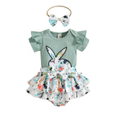 RomiLdi Baby Girl Clothes Easter Set Cute Rabbit Print Short Sleeve Bodysuit Top Floral Shorts Bow Headband