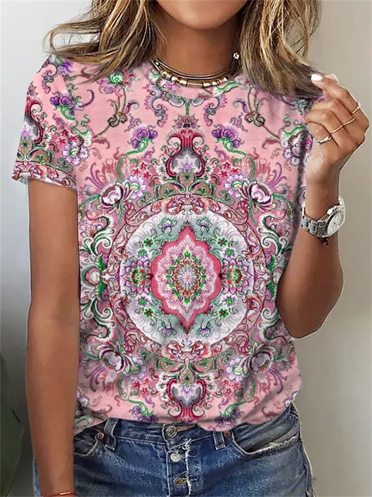 rRomildi Women's Floral Art Painting Printed Tops Crew Neck Retro Vintage T-Shirts