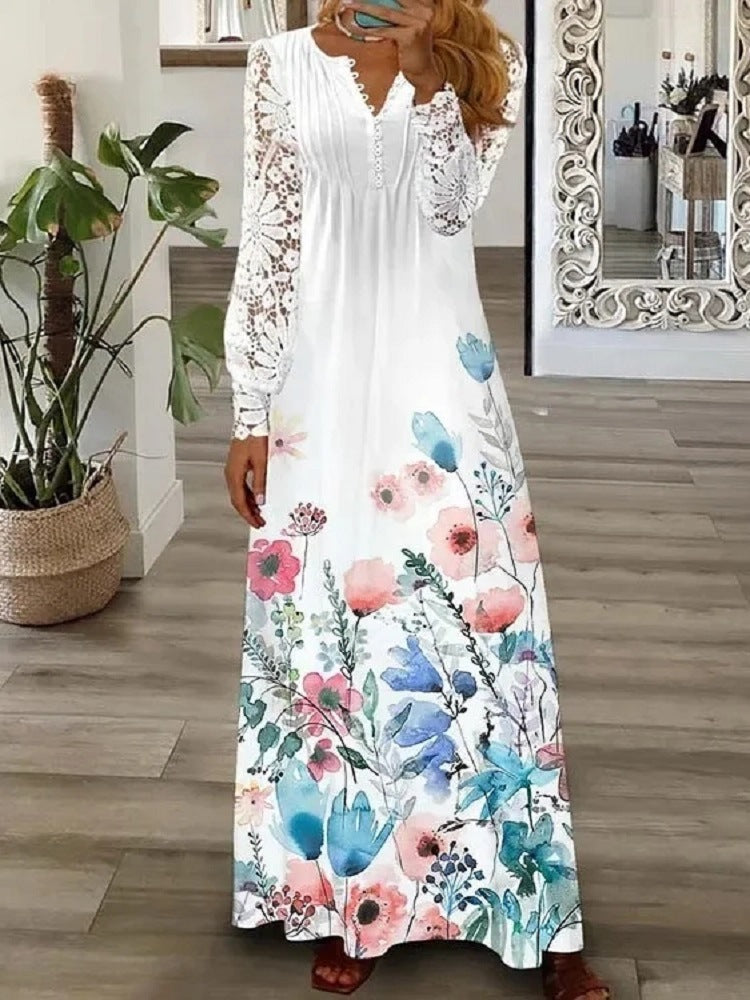 rRomildi Women's Vacation Dress V-Neck Lace Long Sleeve Long Maxi Floral Dress