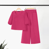 rRomildi Women's 2Piece Set Casual Solid Color U-Neck Blouse and Wide Leg Pants