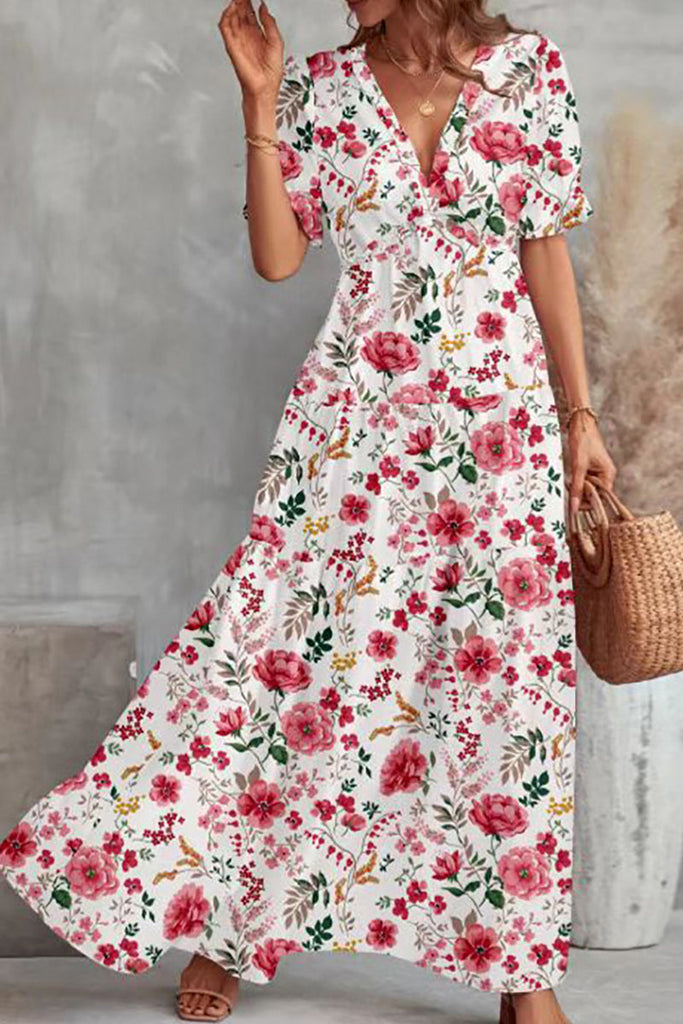 rRomildi Sweet Elegant Floral Patchwork V Neck Waist Skirt Dresses